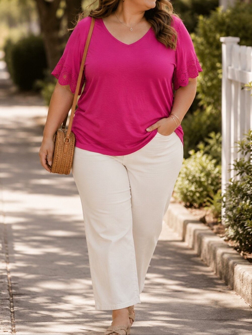 In Every Story Plus Size Pink V-Neck Eyelet Sleeve Stretch Casual Feminine Tee